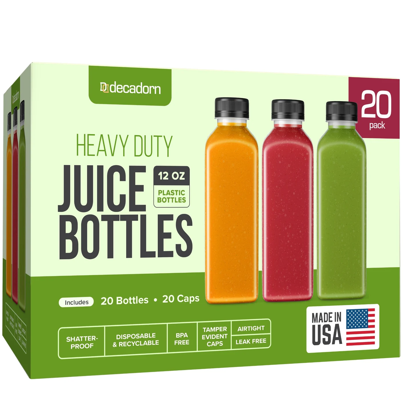 12 oz Clear Plastic Juice Bottles with Tamper-Evident Caps 20 Pack