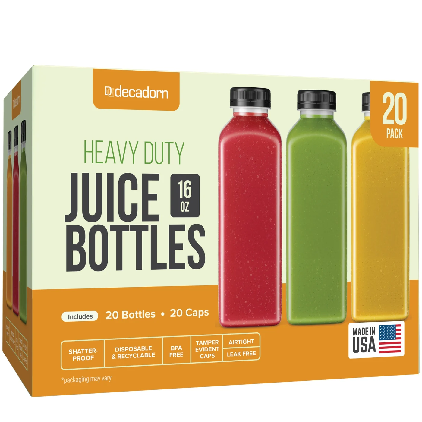 16 oz Clear Plastic Juice Bottles with Tamper-Evident Caps 20 Pack