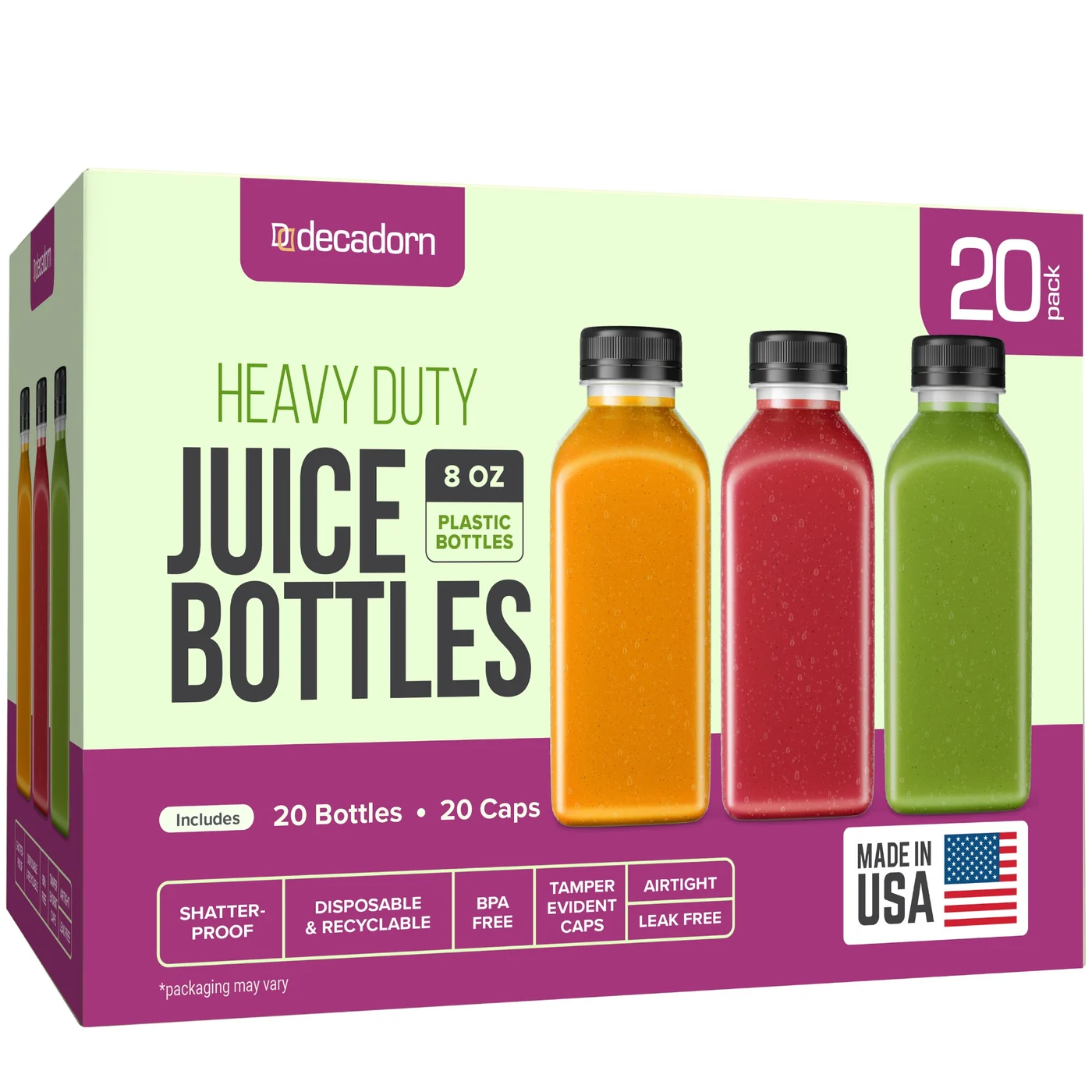 8 oz Clear Plastic Juice Bottles with Tamper-Evident Caps 20 Pack