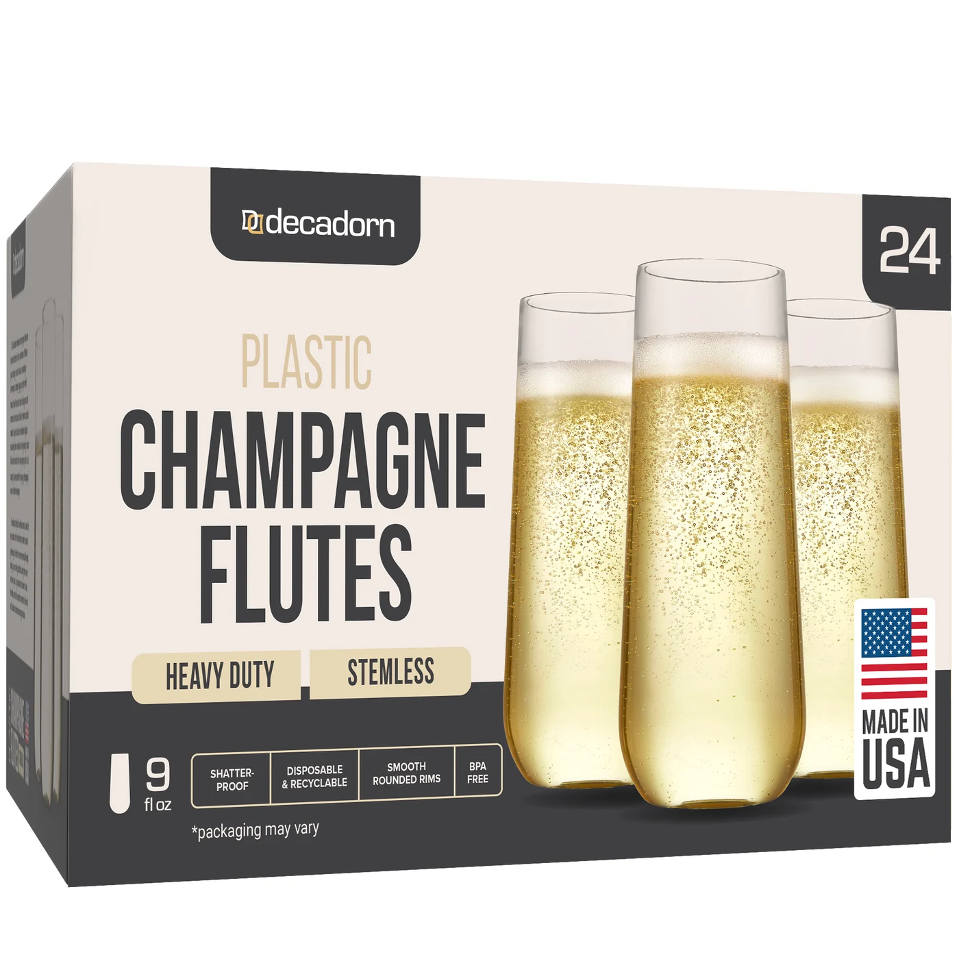 Decadorn 9 oz clear stemless plastic champagne flutes — 24 Pack