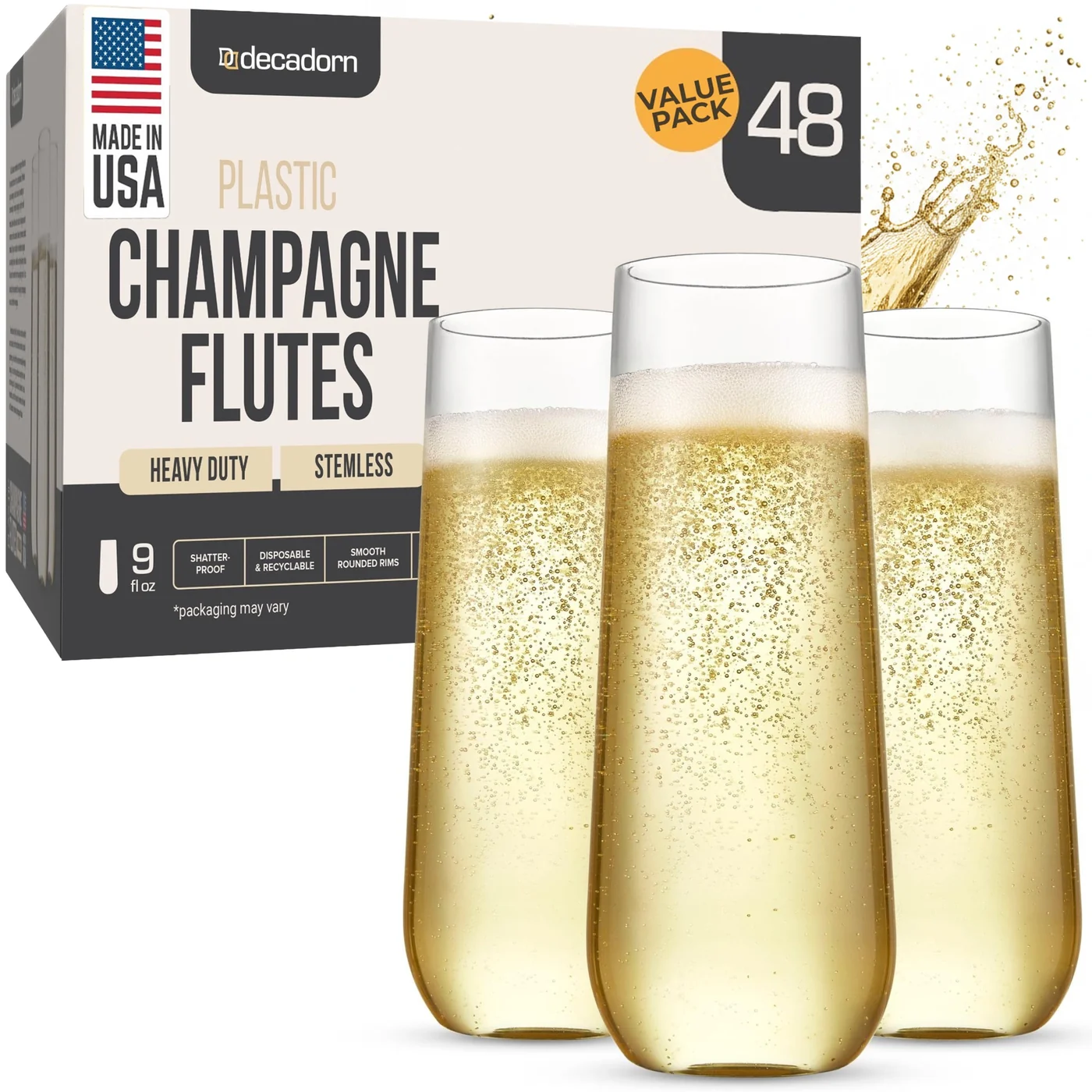 9 oz Clear Stemless Plastic Champagne Flutes 48 Pack
