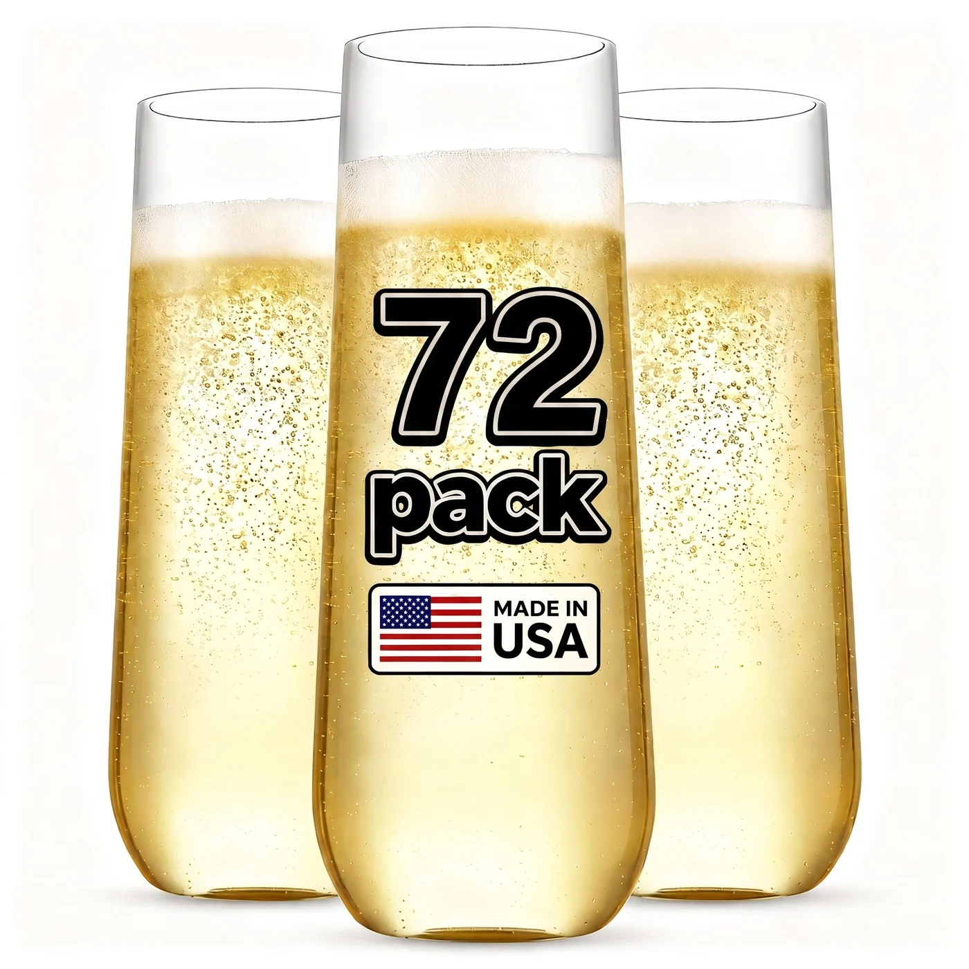Decadorn 9 oz clear stemless plastic champagne flutes — 72 Pack