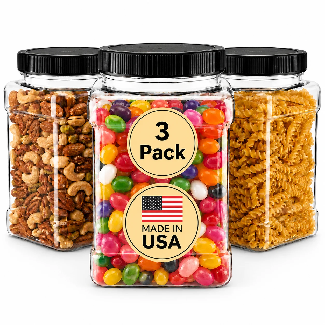 64 oz clear PET storage jars with black screw-on caps — 3 pack