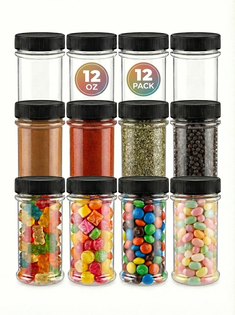 12 oz clear PET spice jars with black screw-on caps — 12 pack